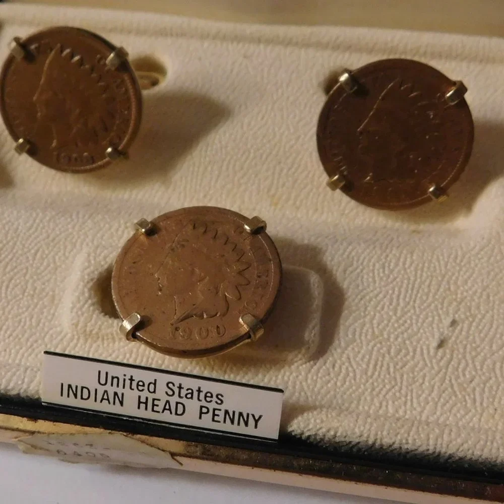 Swank Copper Indian Head Cuff-links and Tie Clip Vintage 1900's with Swank Box